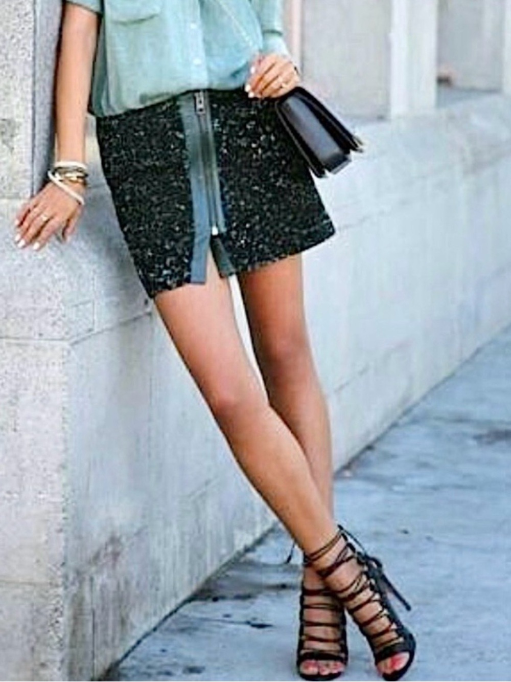 All Saints Green Sequin Mini Skirt